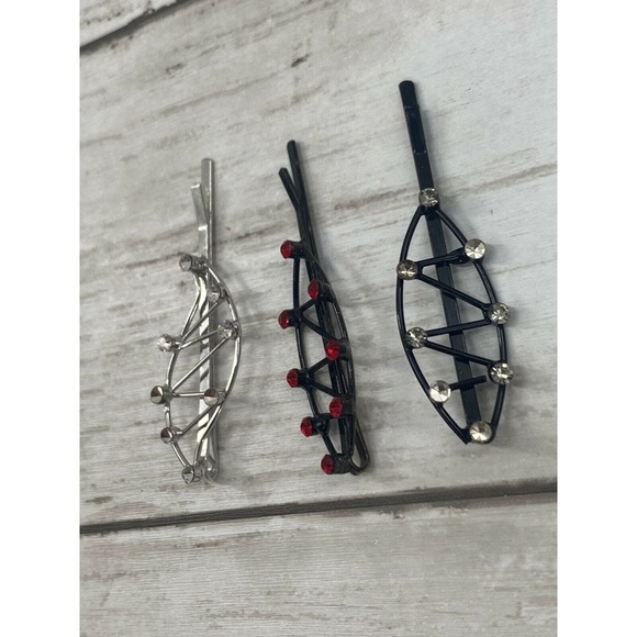 Hair Bobby Pins Clips Rhinestones Crystals Clear Red and Black Silver Set of 3 - Picture 6 of 6
